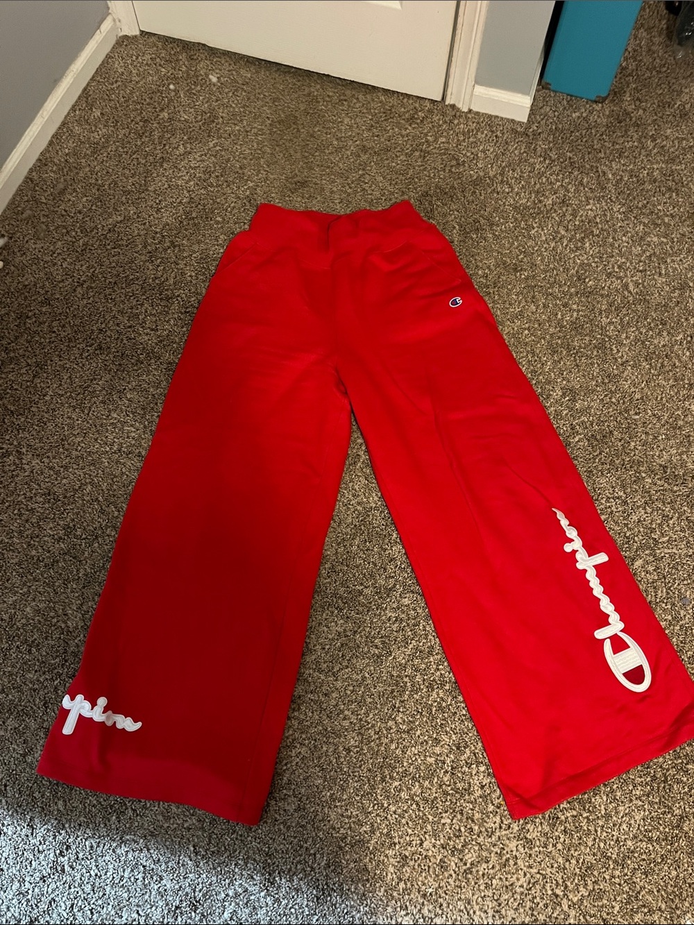 Champion Red Sweatpants with White Script Logo